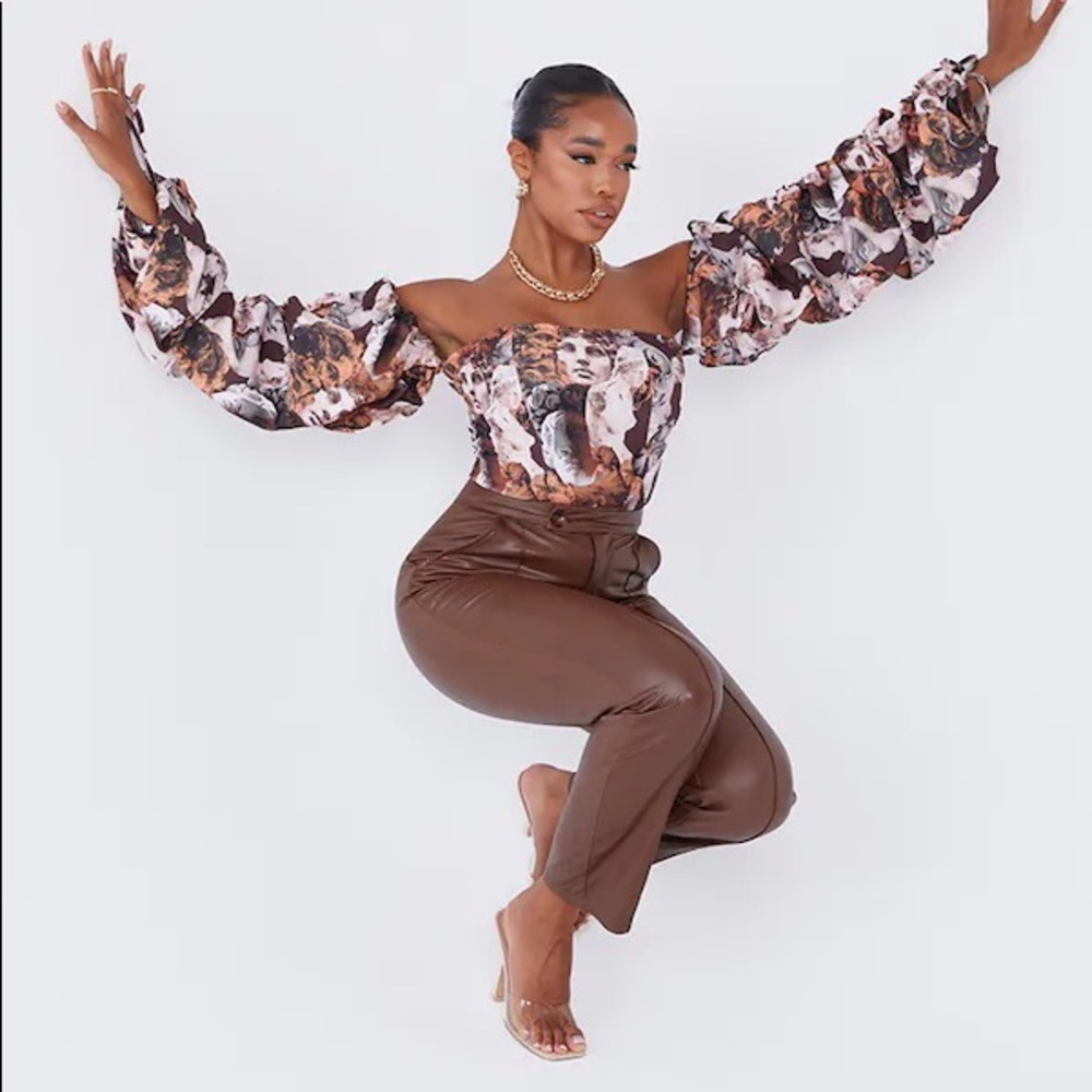 Brown Renaissance Print Woven Bardot Extreme Ruched Long Sleeve Bodysuit